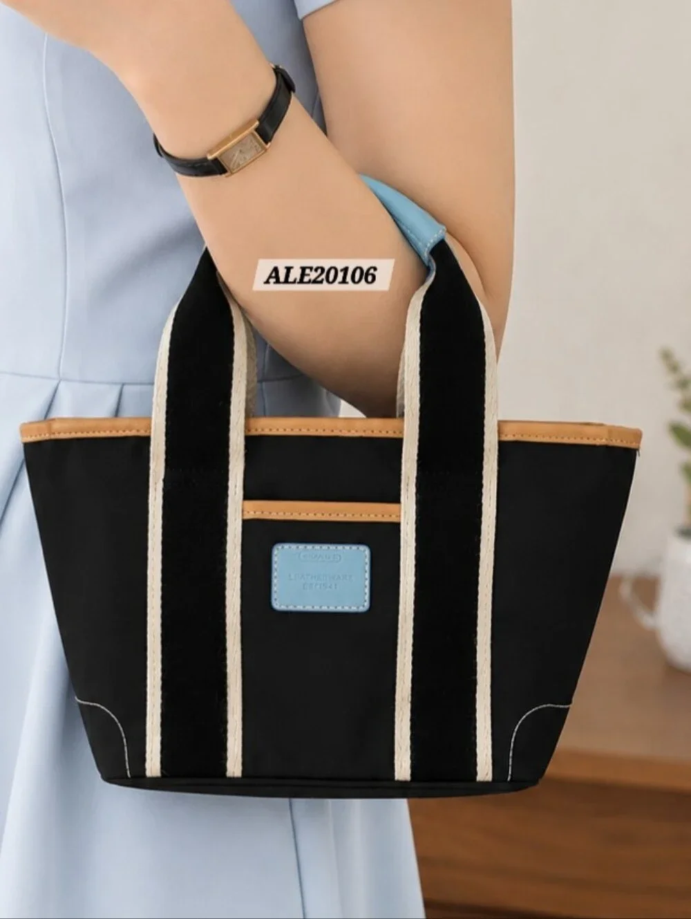 Coach Mini Tote Bag Black Nylon Leather Trim Striped Handles Purse